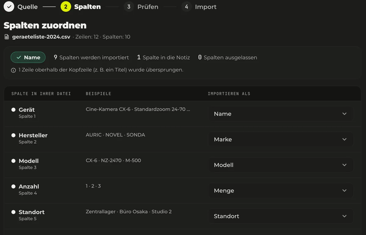 Der Importbildschirm von Werp™: Für jede Spalte der Tabelle ist das Ziel schon aus der Überschrift gewählt