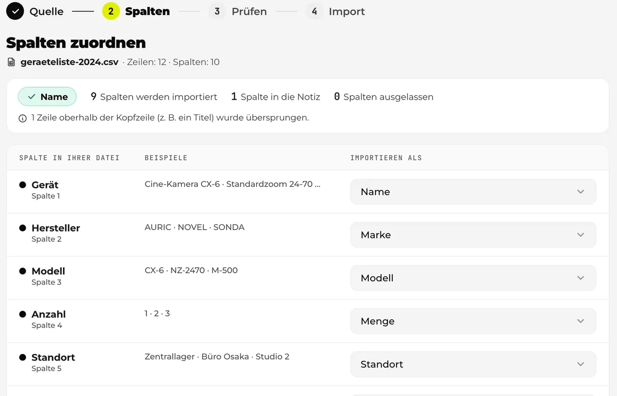 Der Importbildschirm von Werp™: Für jede Spalte der Tabelle ist das Ziel schon aus der Überschrift gewählt