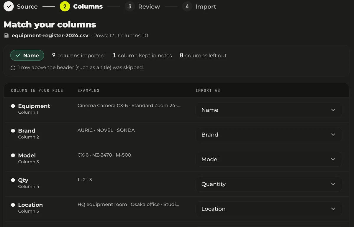 The Werp™ import screen, with each column of the sheet already matched to a target from its header